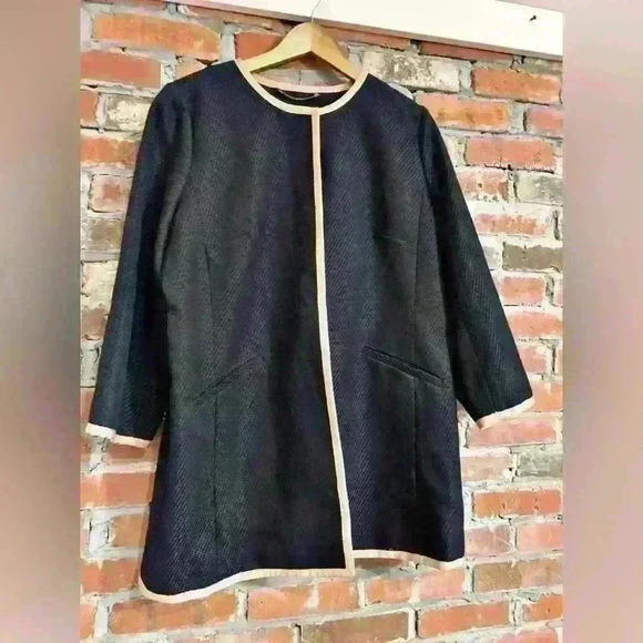 Talbots Long Black Jewel Neck Camel Trim Lined Jacket size 14 Petite - Picture 2 of 8